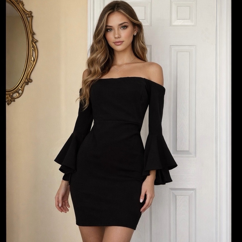 Elegant Bell Sleeve Black Off-Shoulder Mini Dress Rear Zip Witch HOCO Size 11/12